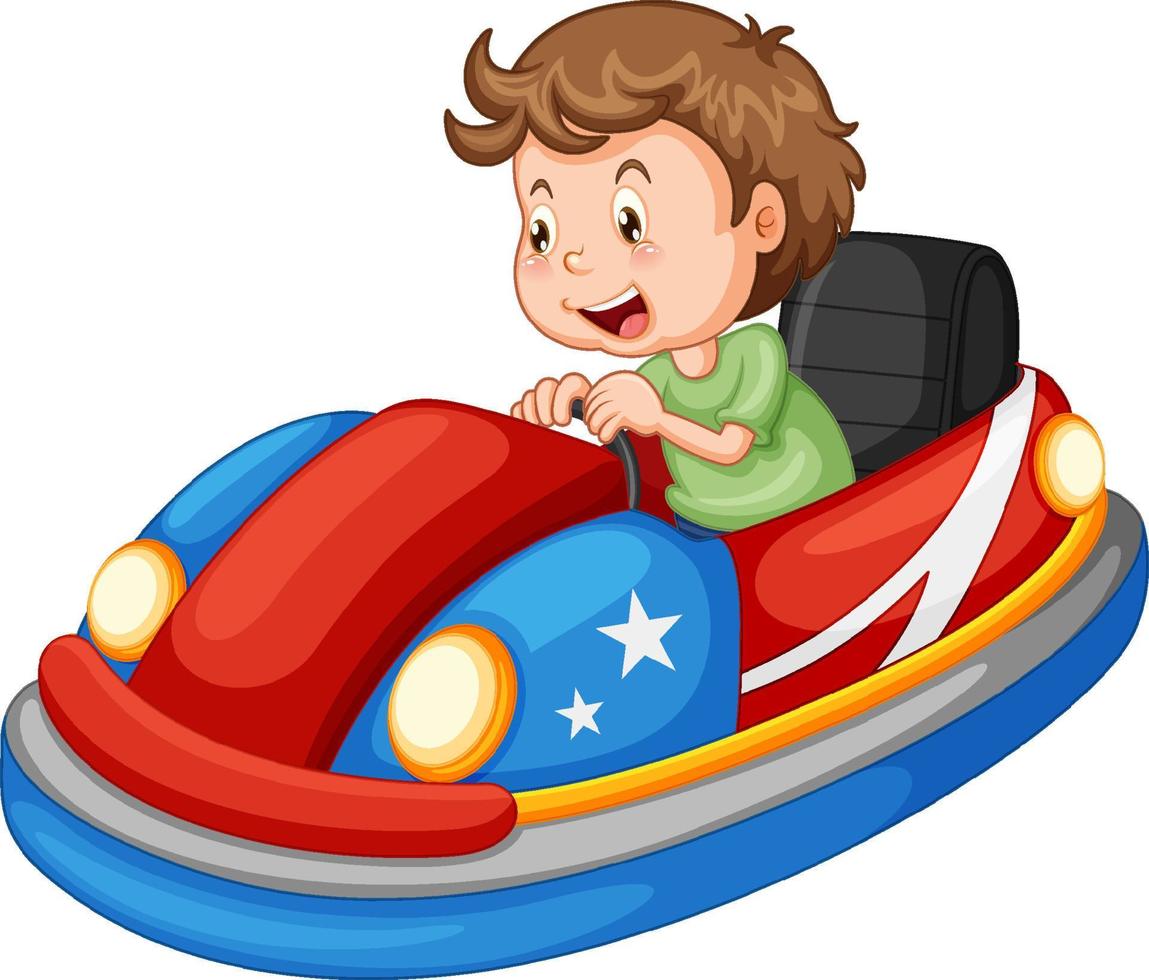 Little boy driving bumper car in cartoon design vector