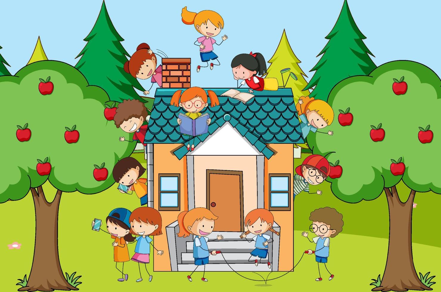 Scene with many kids playing at home vector