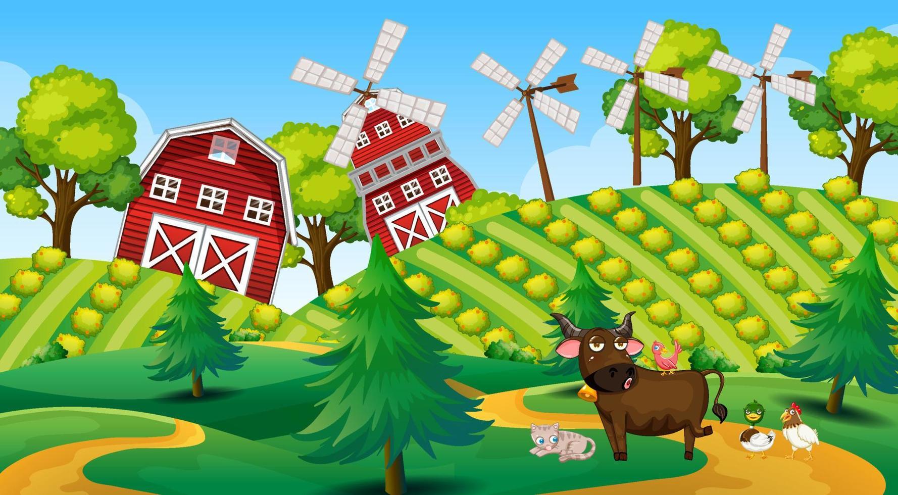 Animals in farm landscape vector