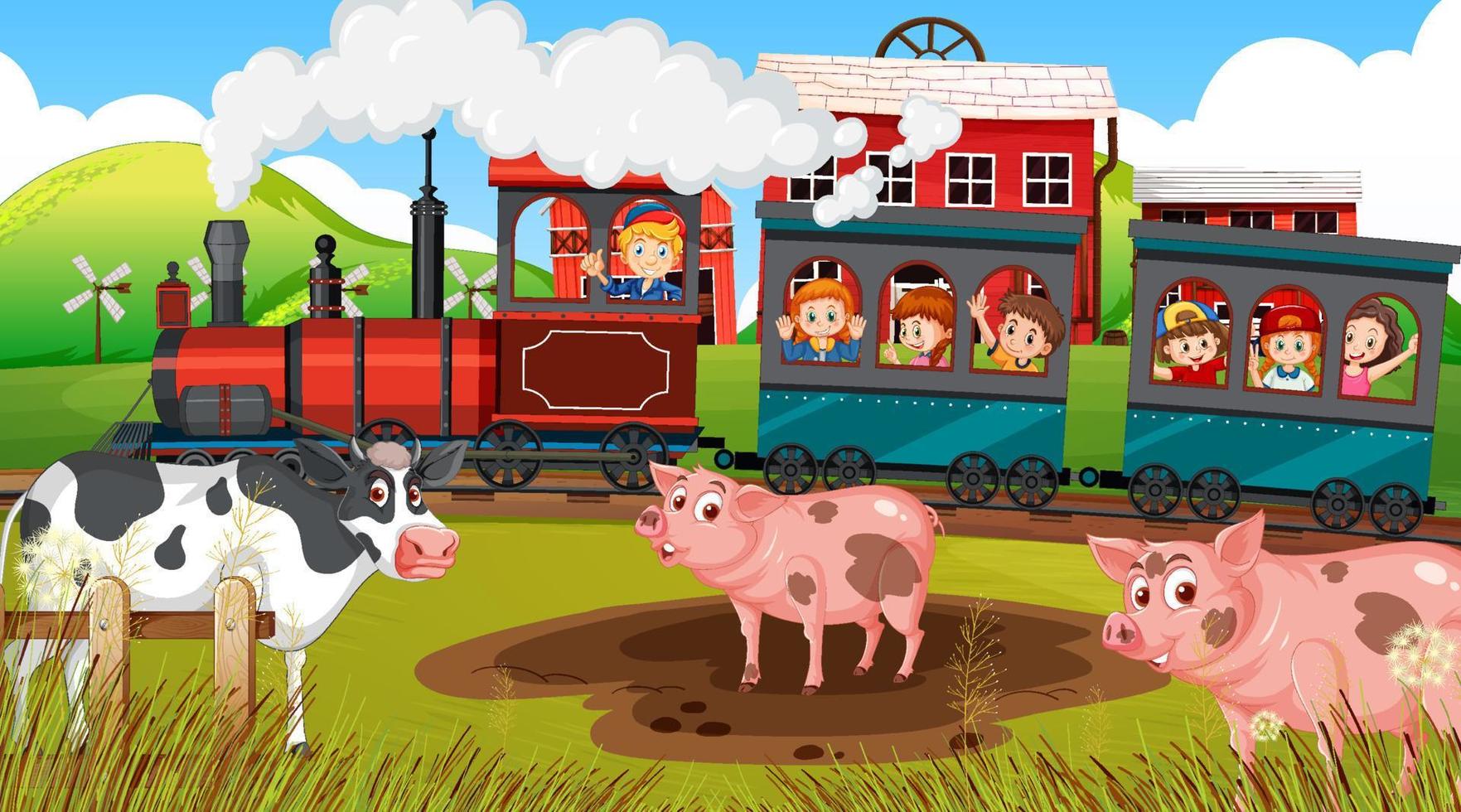 Farm scene with kids on the train vector