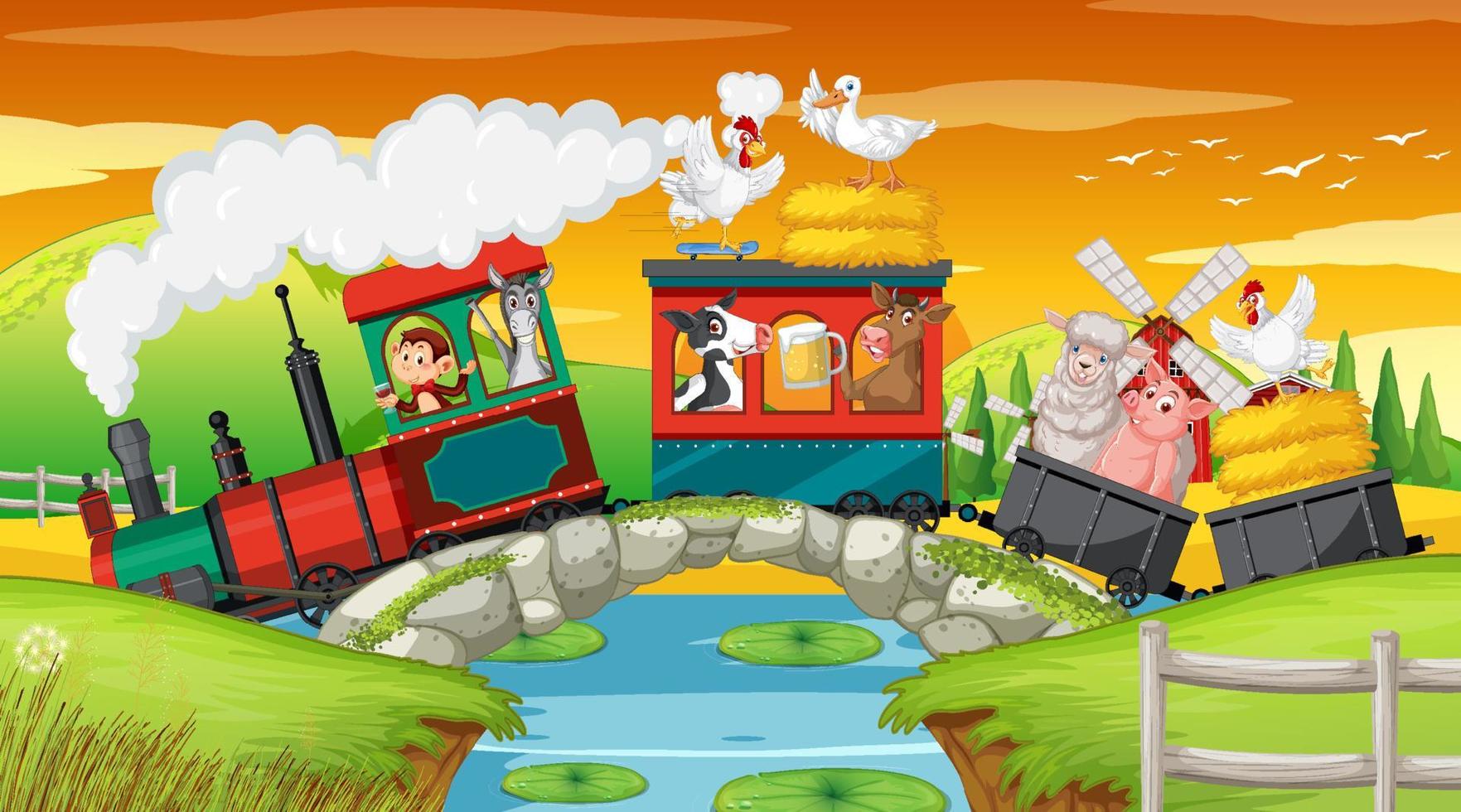 Many animals riding on train in countryside vector