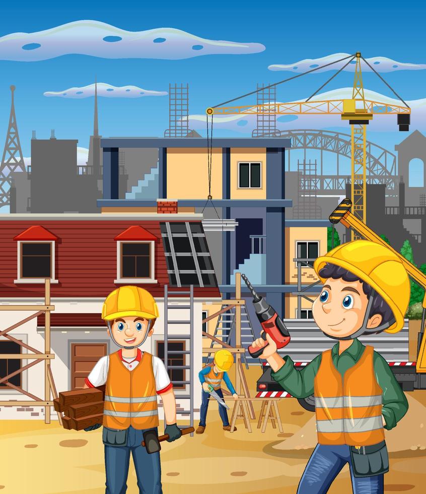 Building construction site with workers vector