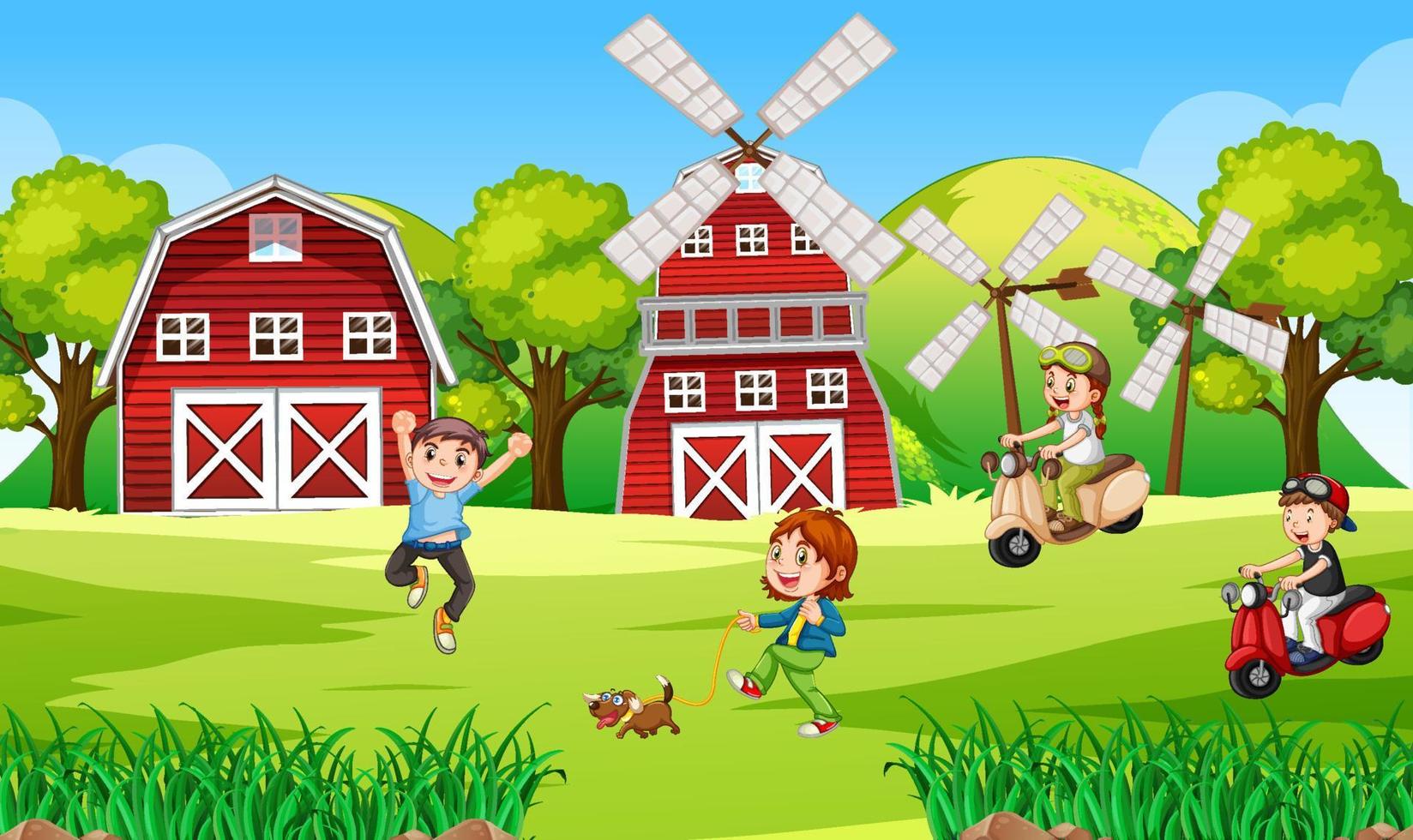 Happy kids in farm landscape vector