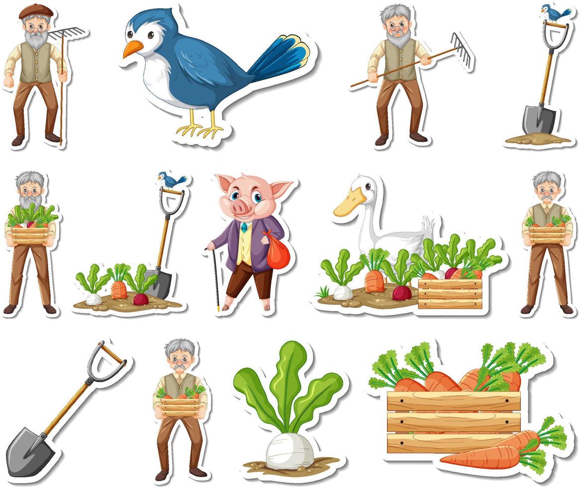 Sticker set of farm objects and farmer cartoon characters vector