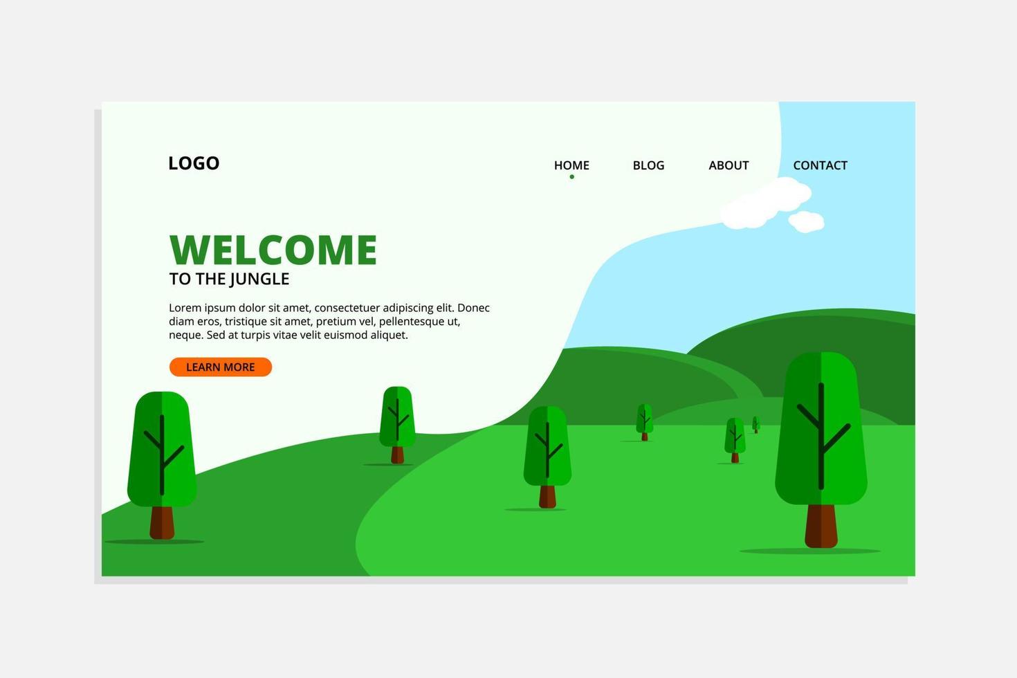 Classic Green Landing page. With Trendy and Beautiful Nature Landscape theme with hill, mountain, trees, cloud and sky vector