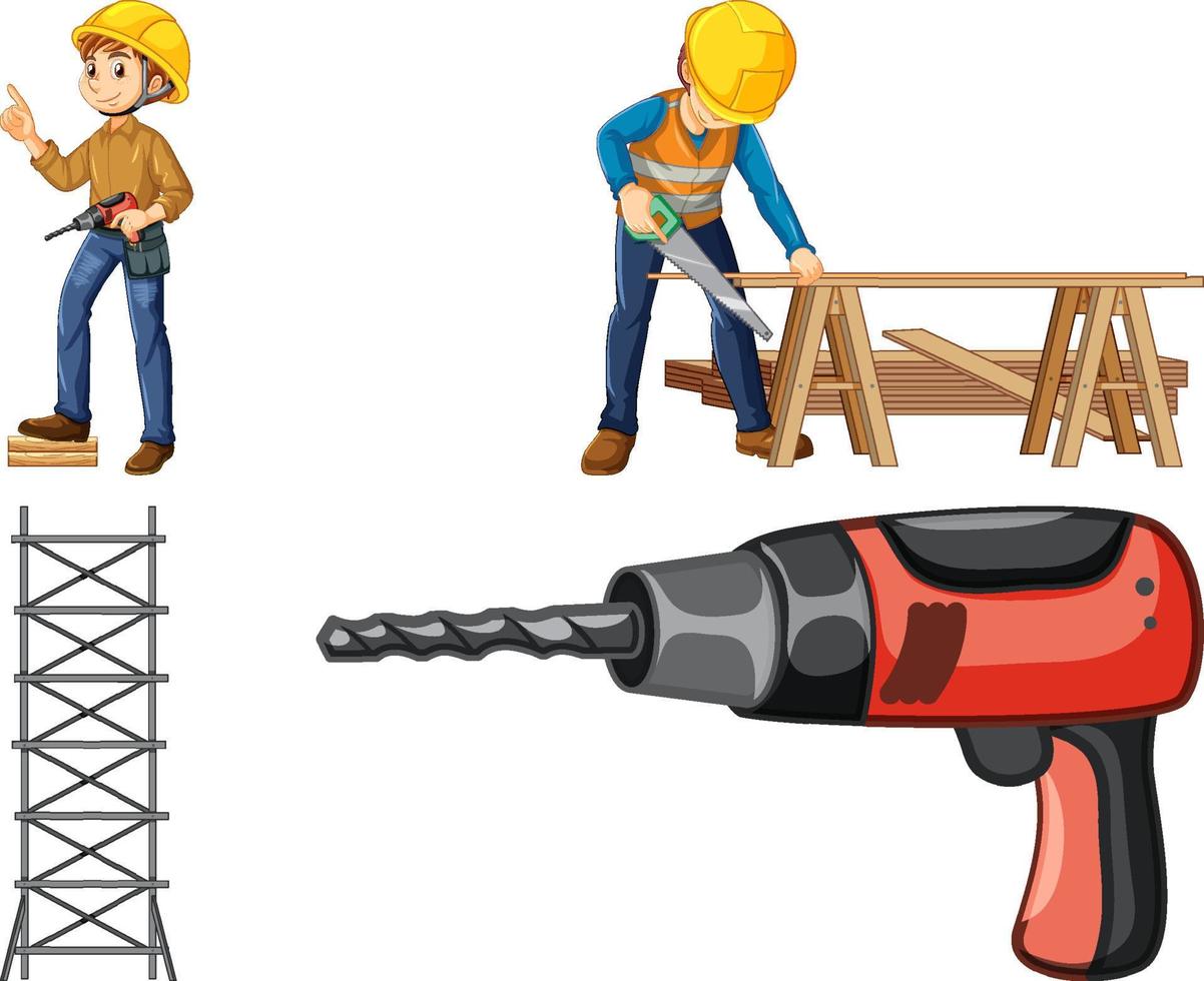 Construction worker set with man working vector