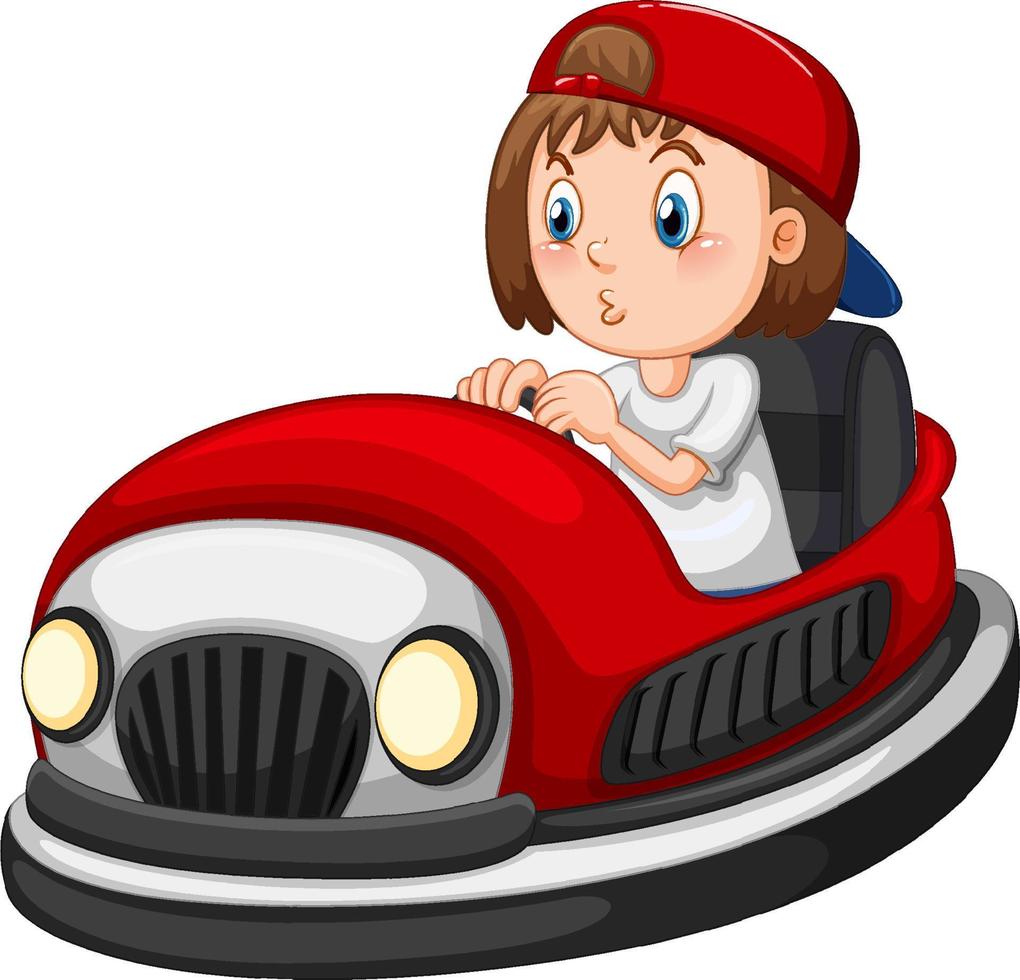 una chica conduciendo un auto chocador con fondo blanco vector