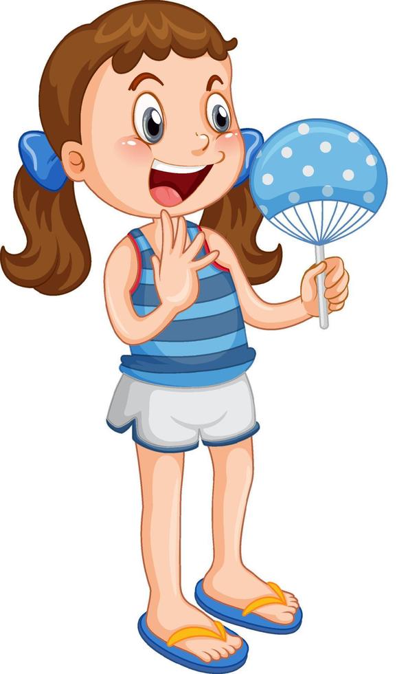 Cute girl in blue outfit holding hand fan vector