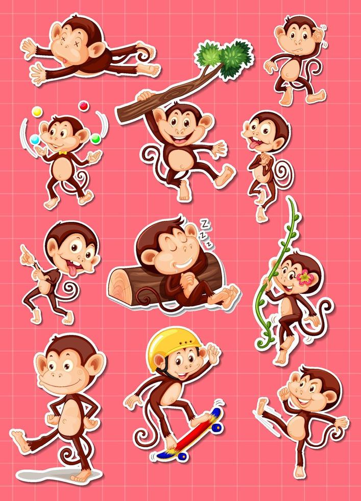 Sticker set of funny monkey cartoon characters vector