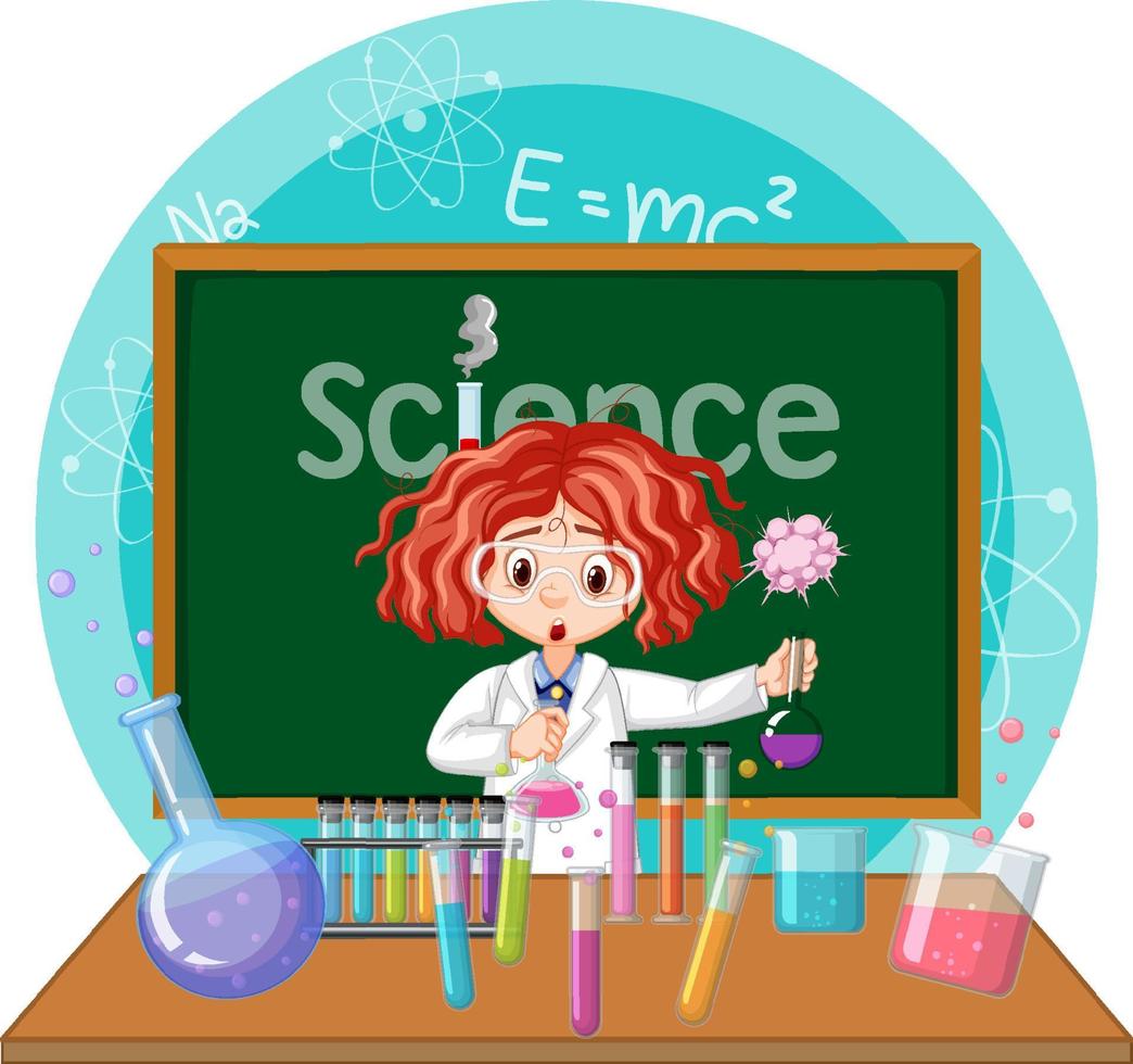 Scientist girl cartoon character with laboratory equipments vector