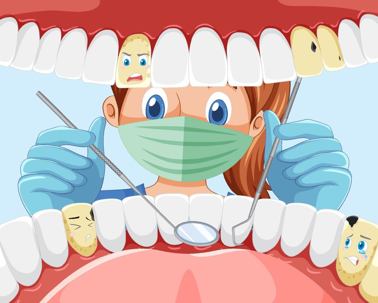 dentista sosteniendo instrumentos examinando los dientes del paciente dentro de la boca humana vector