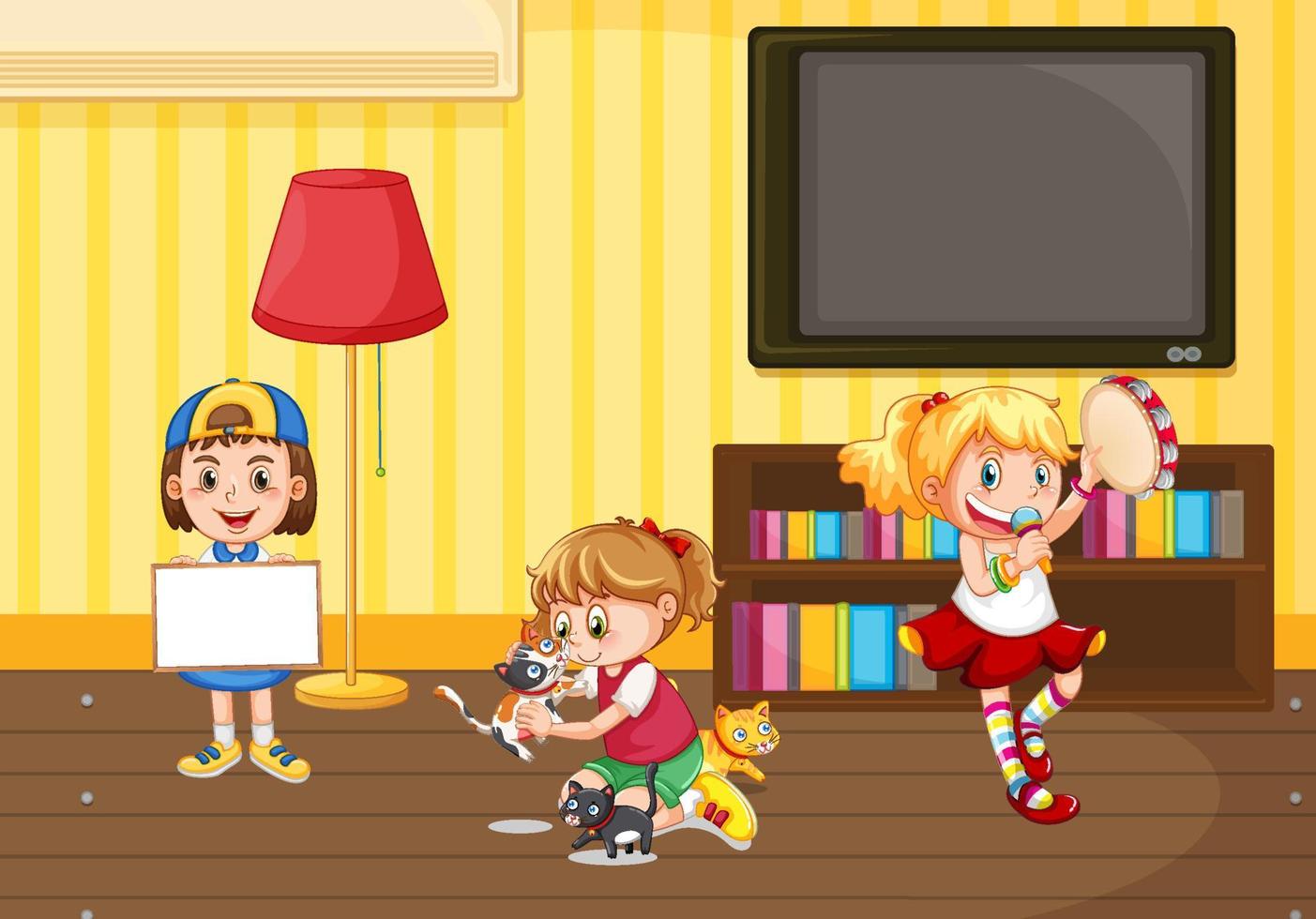 Happy cute girls doing different activities in the room vector