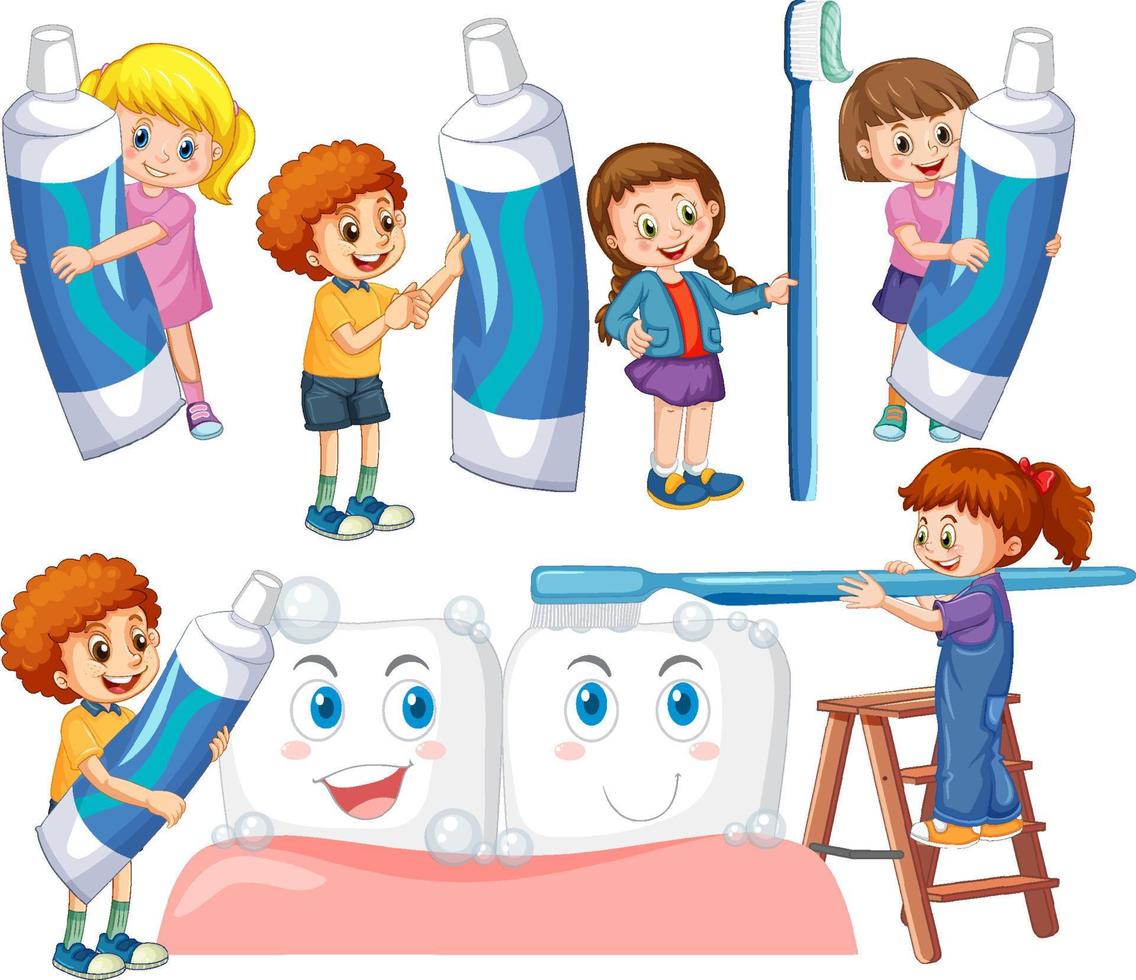 conjunto de niños felices con equipo de limpieza dental sobre fondo blanco vector