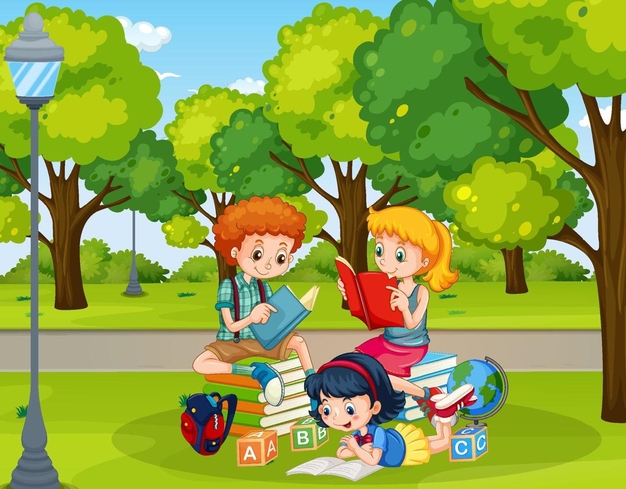 Children reading books in park background vector