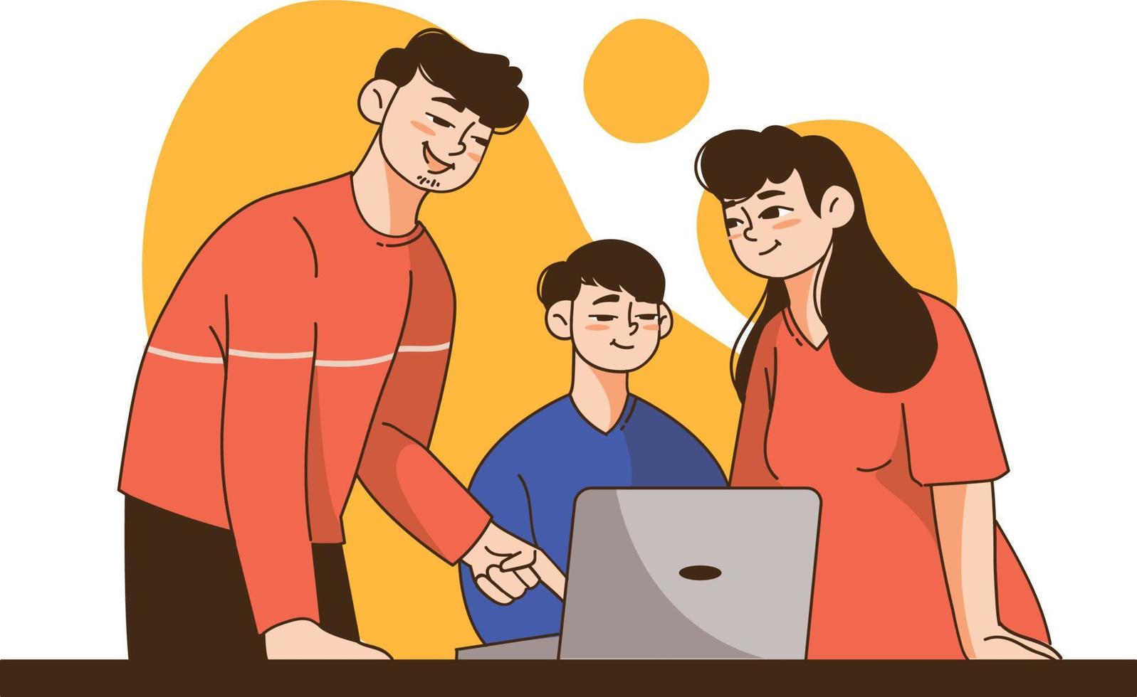 los padres asiáticos acompañan a los niños a codificar con una computadora portátil vector