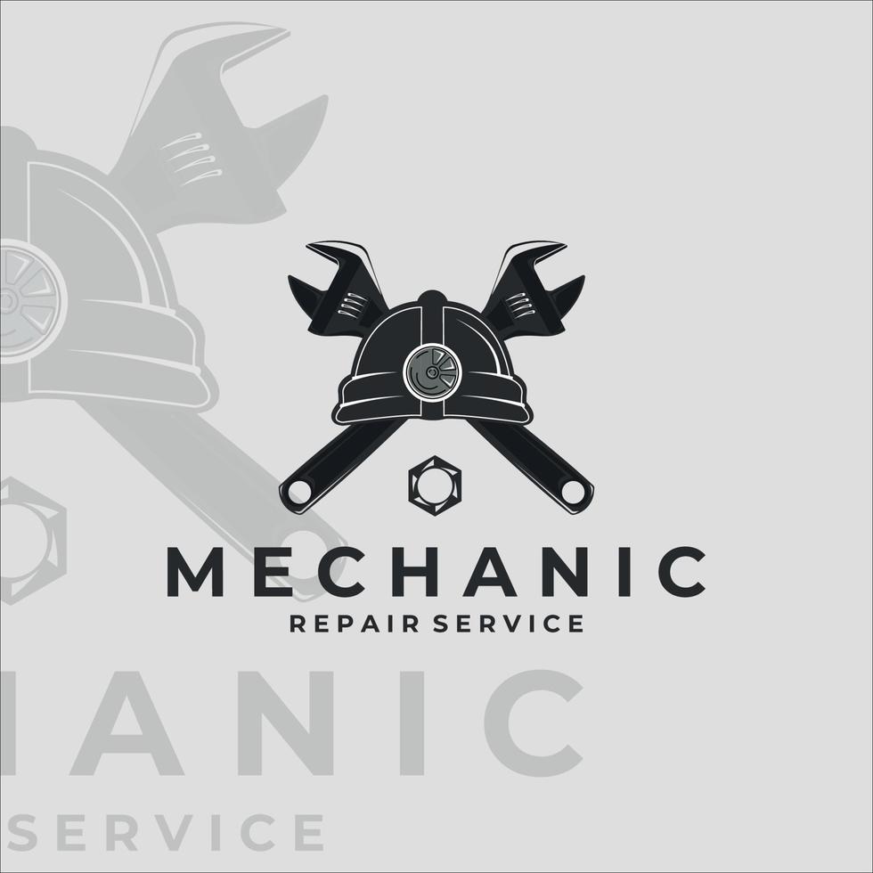 mechanic logo vintage vector illustration template icon label design. wrench and helmet for safety professional engineer concept design