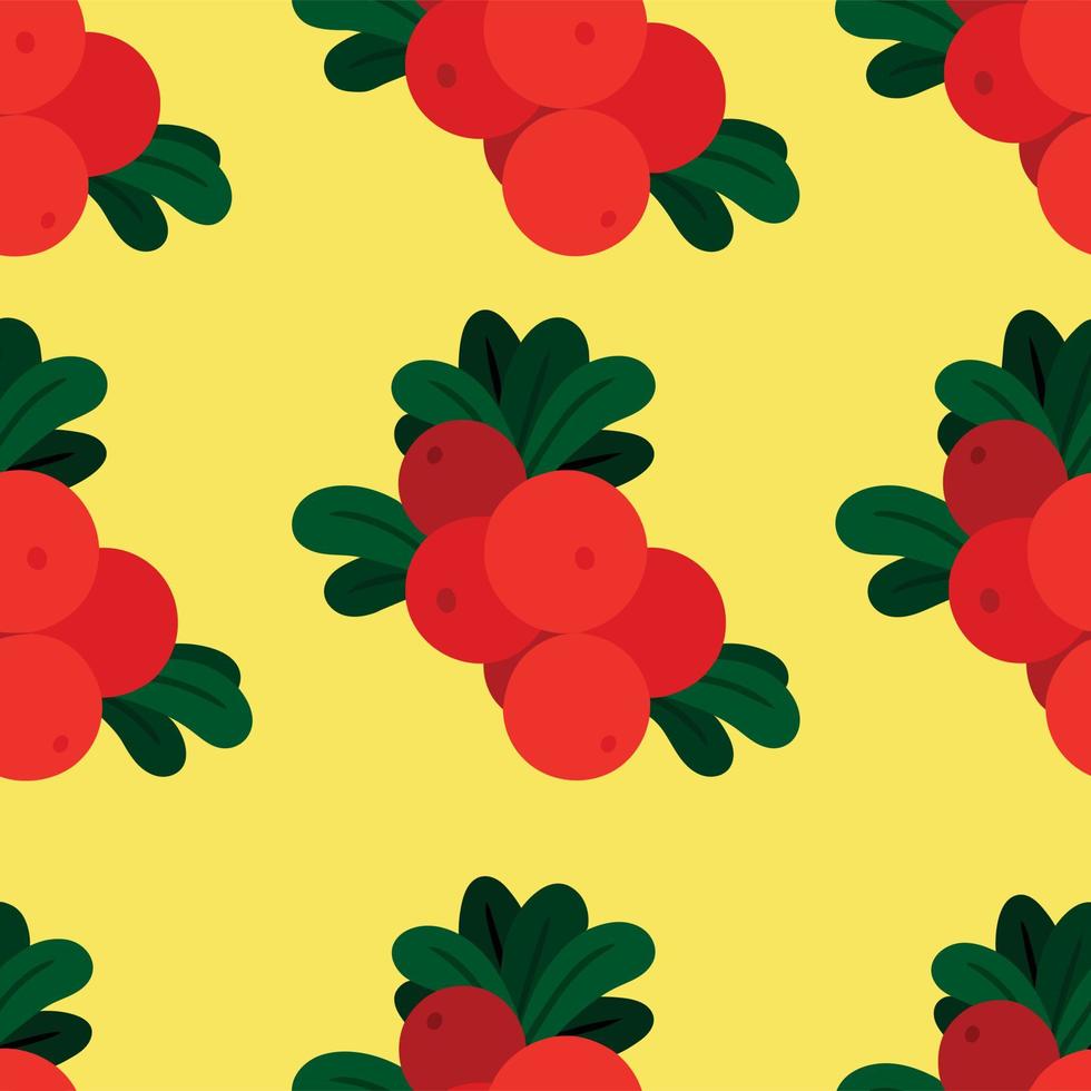 Pattern of repeating red lingonberries on yellow background. Image can be used for printing on stationery tissue wrapping paper. Design element. Vector illustration