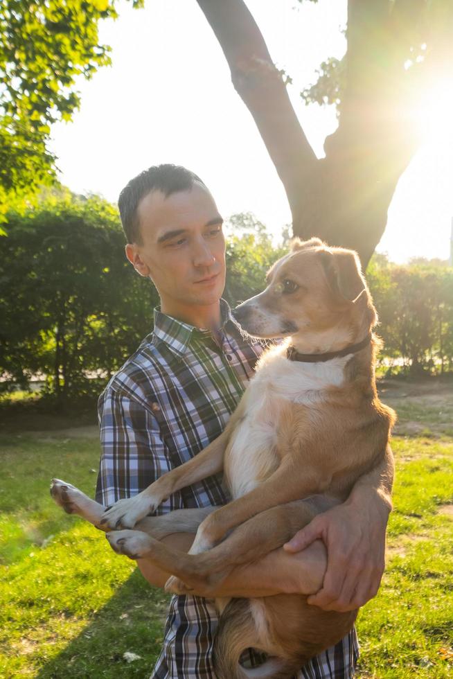 Happy young male play with non breed dog in the summer sunny park photo