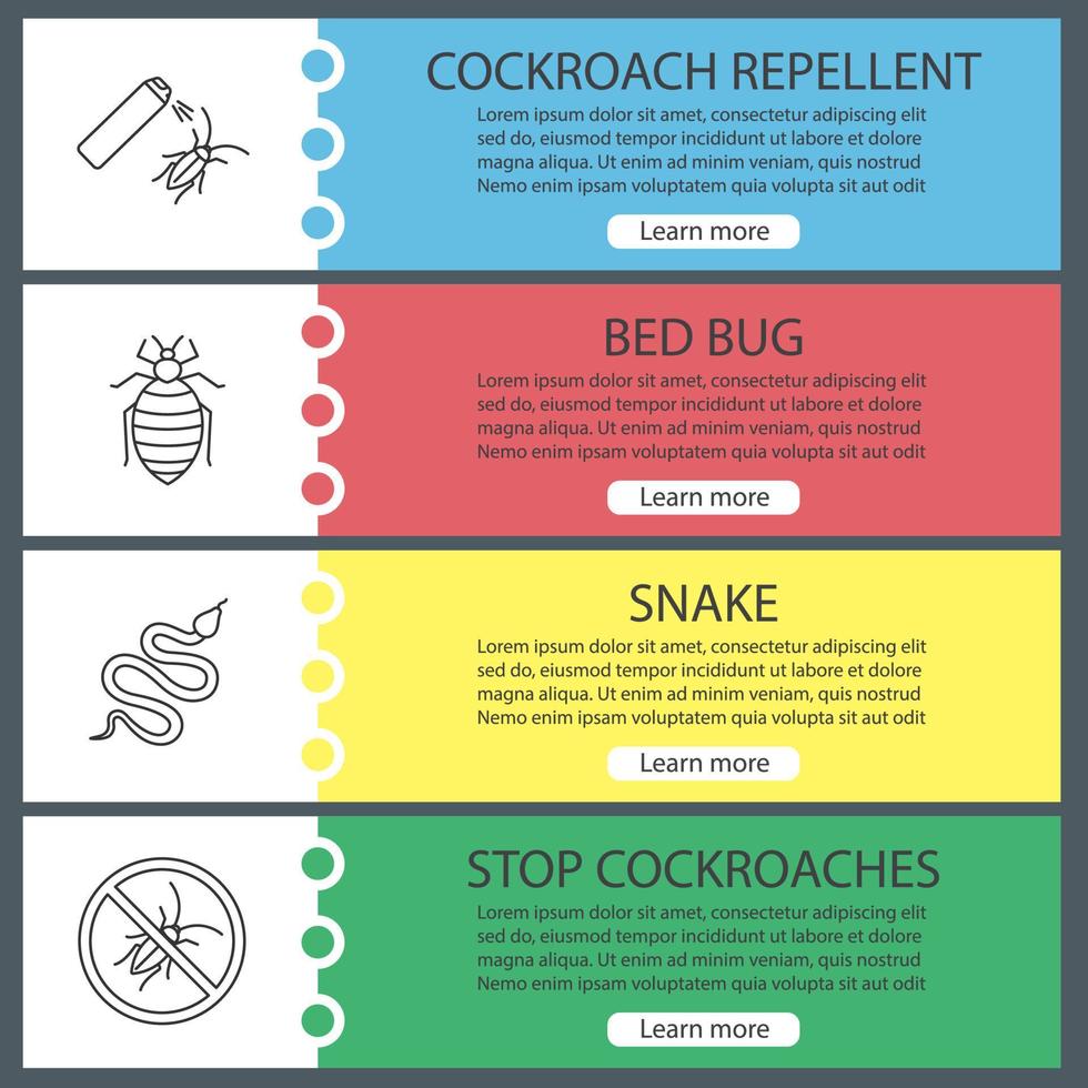 Pest control web banner templates set. Cockroach repellent, bed bug, snake, stop roaches. Website color menu items. Vector headers design concepts