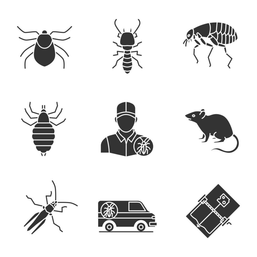 Pest control glyph icons set. Mouse trap, exterminator's car, louse, termite, mite, flea, grasshopper, rodent. Silhouette symbols. Vector isolated illustration