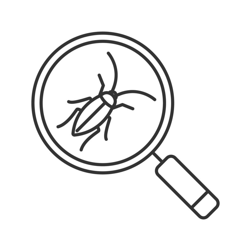 Cockroach searching linear icon. Pest control service. Magnifying glass with roach. Thin line illustration. Contour symbol. Vector isolated outline drawing