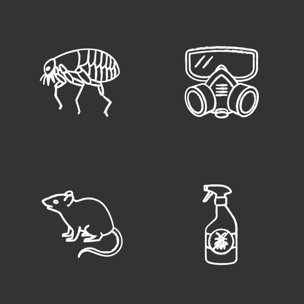 Pest control chalk icons set. Insects repellent, flea, respirator, rodent. Isolated vector chalkboard illustrations