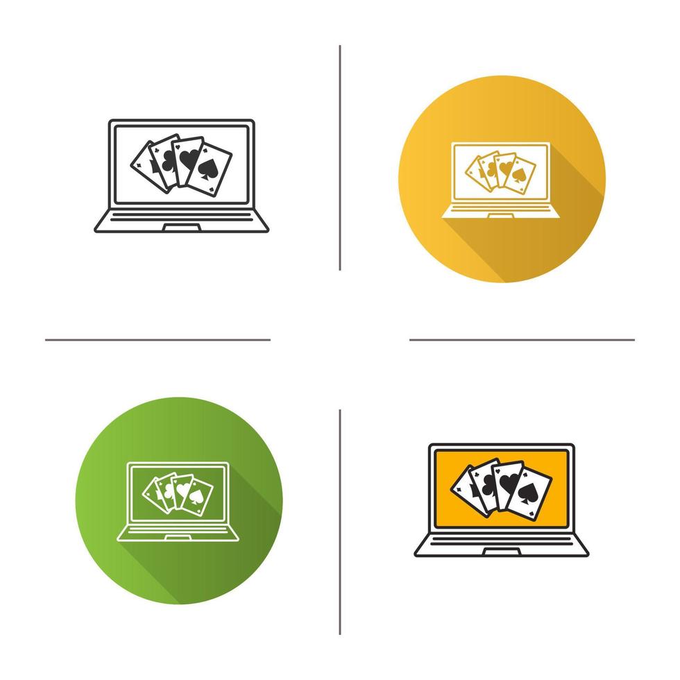 Online casino icon. Flat design, linear and color styles. Laptop display with four aces. Isolated vector illustrations