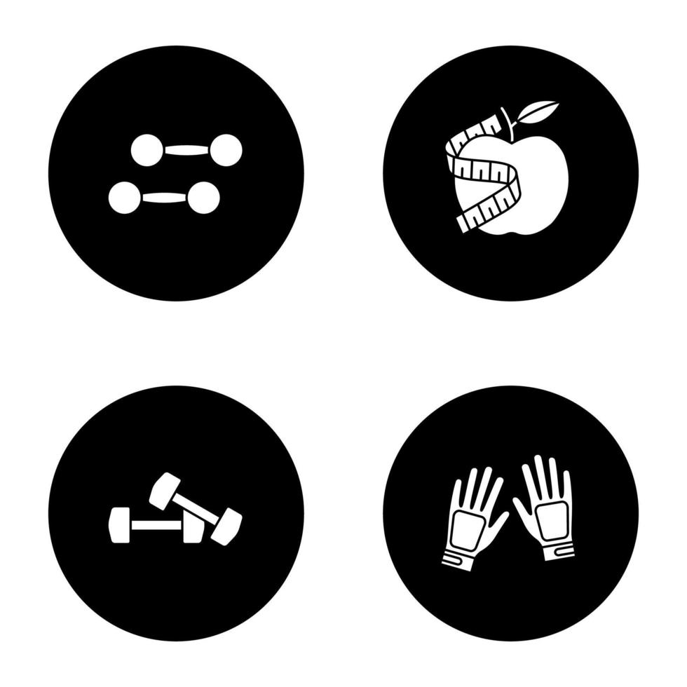 Fitness glyph icons set. Sport equipment. Dumbbells, gym gloves, apple with measuring tape. Vector white silhouettes illustrations in black circles