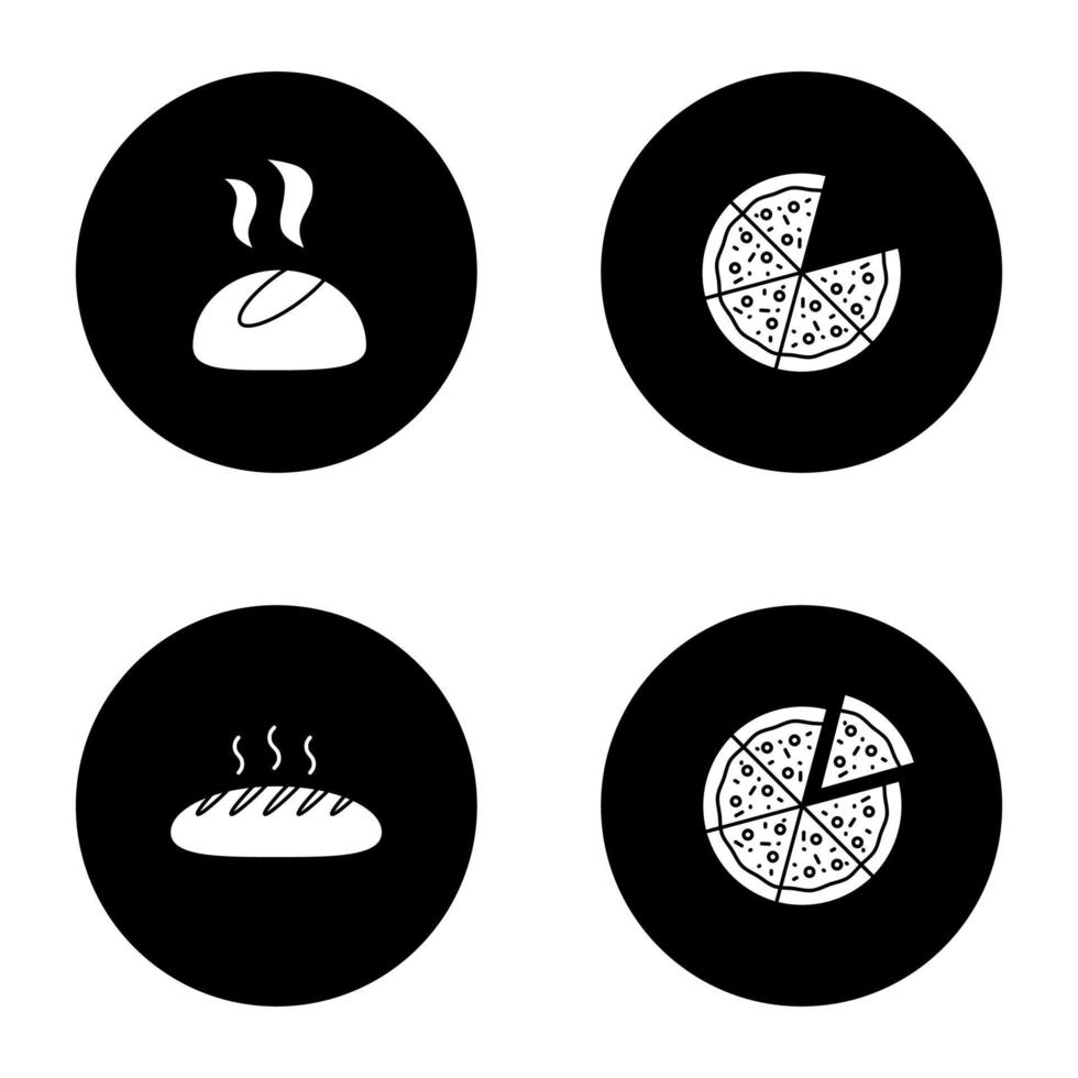 Bakery glyph icons set. Dinner roll, bread loaf, sliced pizza. Vector white silhouettes illustrations in black circles