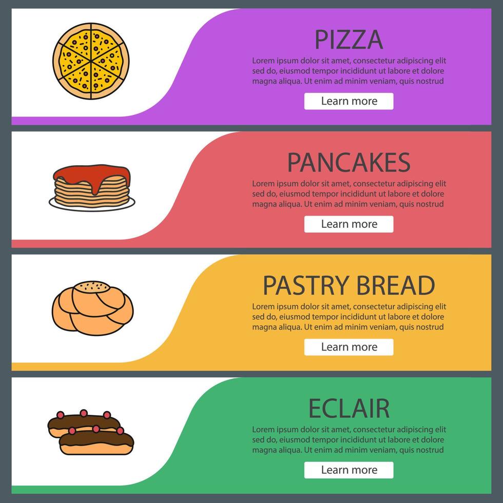 Bakery web banner templates set. Pizza, pancakes, pastry bread, eclair. Website color menu items. Vector headers design concepts