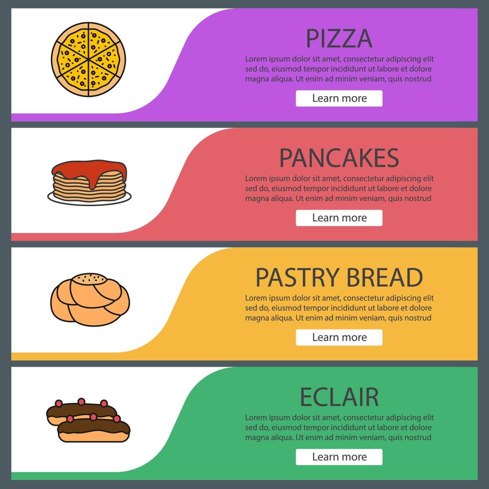 conjunto de plantillas de banner web de panadería. pizza, tortitas, pan de hojaldre, eclair. elementos del menú de color del sitio web. conceptos de diseño de encabezados vectoriales vector