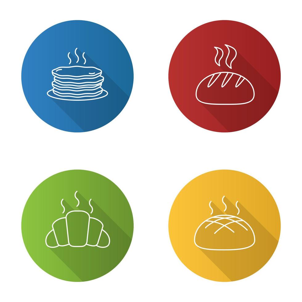 Bakery flat linear long shadow icons set. Pancakes stack, round bread loaf, croissant, rye bread. Vector outline illustration