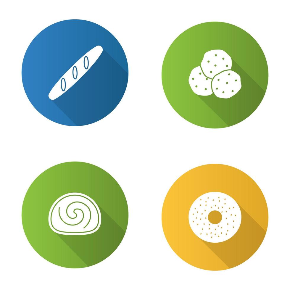 conjunto de iconos de glifo de sombra larga de diseño plano de panadería. baguette, chispas de chocolate, rollo suizo, bagel. ilustración de silueta vectorial vector