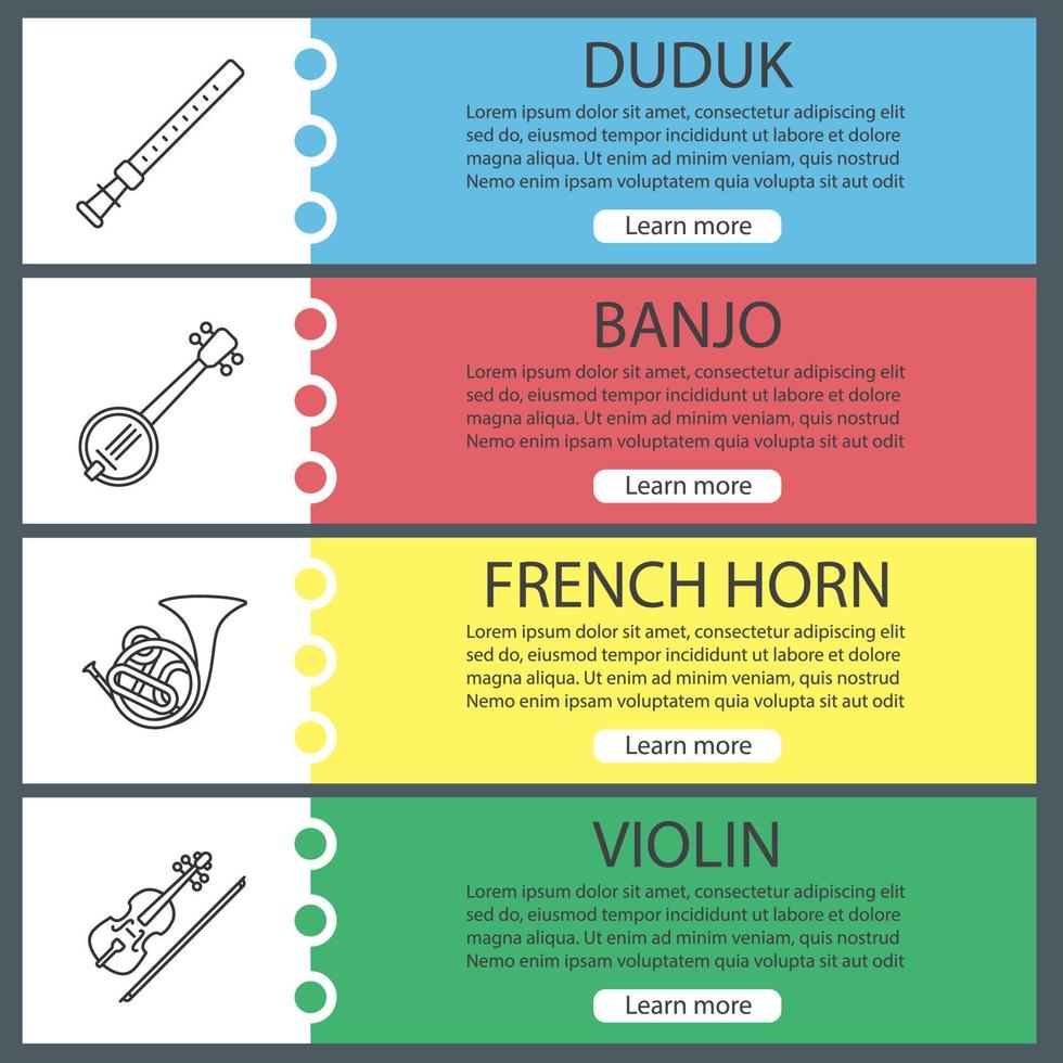 conjunto de plantillas de banner web de instrumentos musicales. duduk, banjo, corno francés, violín. elementos del menú de color del sitio web con iconos lineales. conceptos de diseño de encabezados vectoriales vector