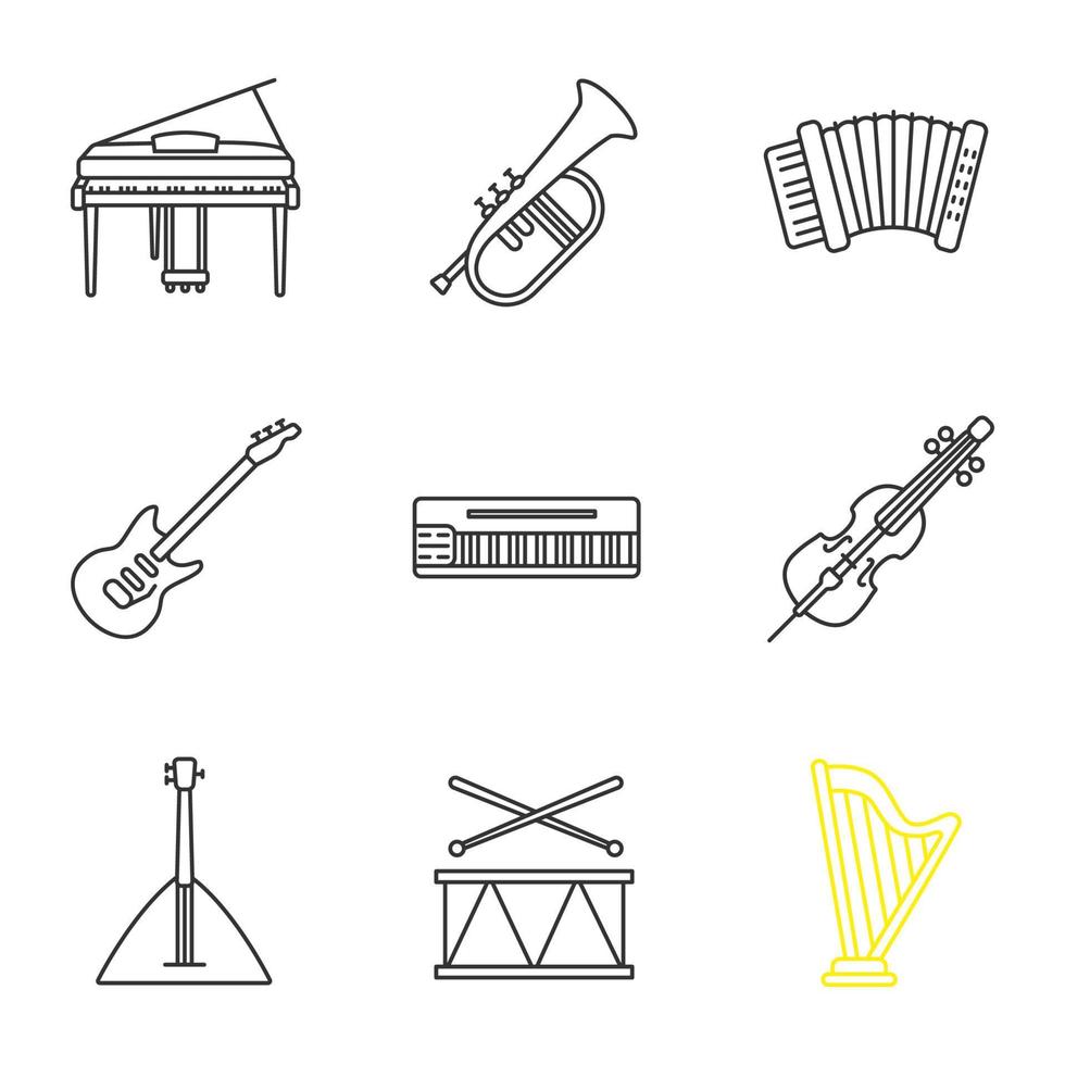 Musical instruments linear icons set. Piano, flugelhorn, accordion, guitar, mellotron, cello, balalaika, drum, harp. Thin line contour symbols. Isolated vector outline illustrations