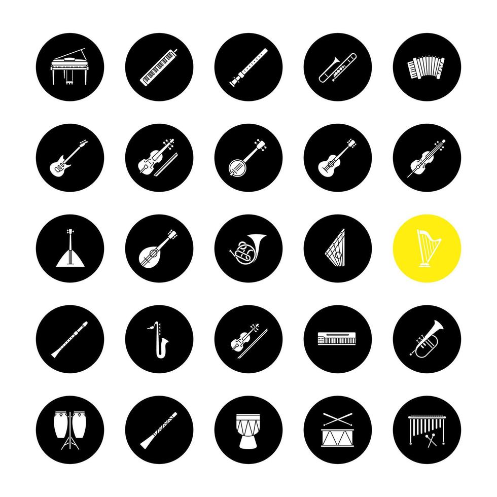 conjunto de iconos de glifo de instrumentos musicales. equipo de orquesta. Instrumentos de cuerda, viento, percusión. ilustraciones de siluetas blancas vectoriales en círculos negros vector