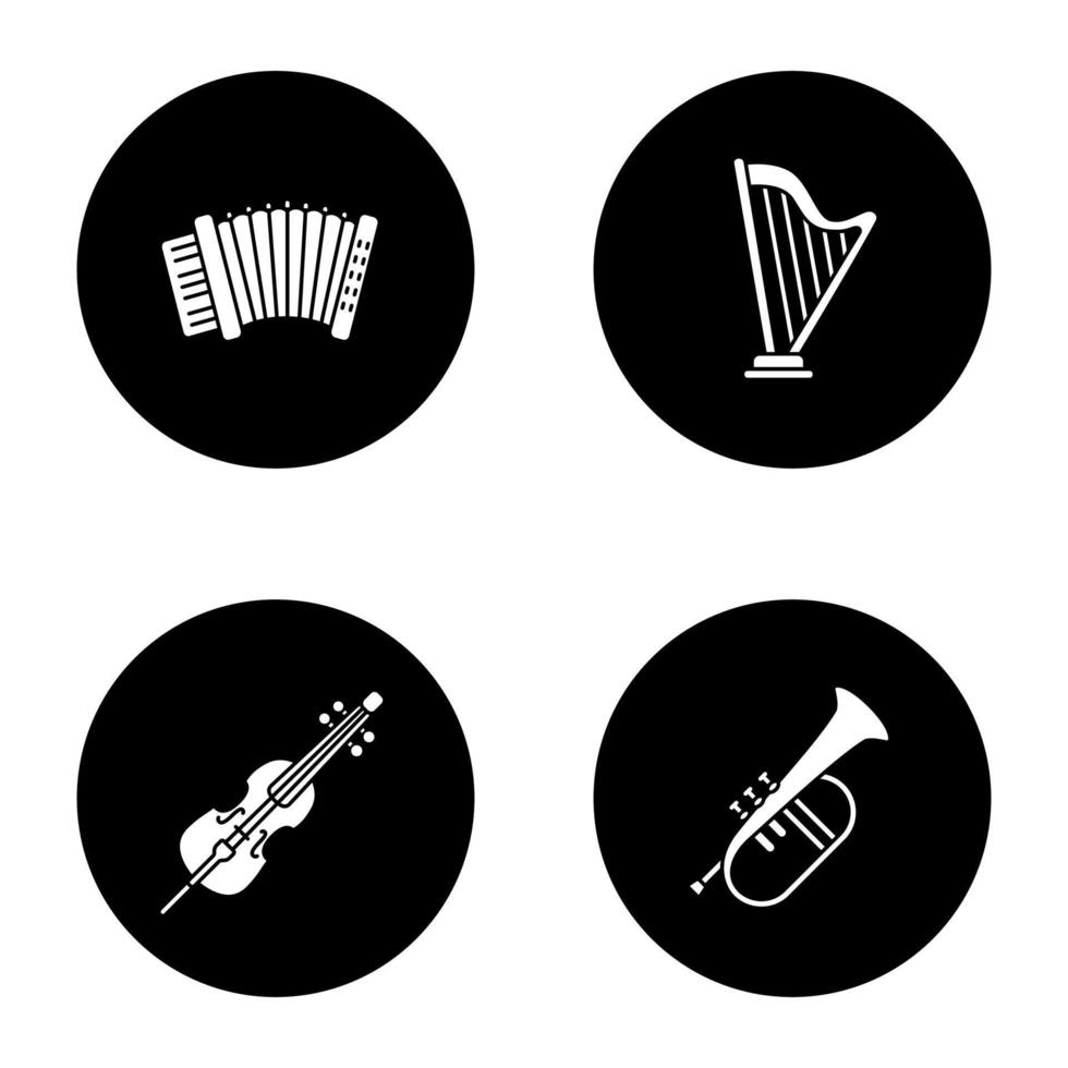 Musical instruments glyph icons set. Accordion, harp, violoncello, flugelhorn. Vector white silhouettes illustrations in black circles
