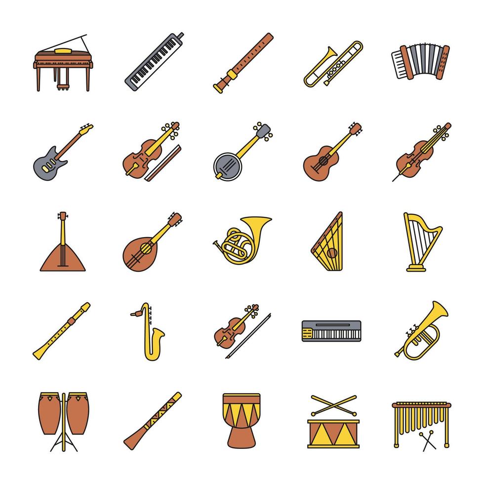 Musical instruments color icons set. Orchestra equipment. Stringed, wind, percussion instruments. Isolated vector illustrations