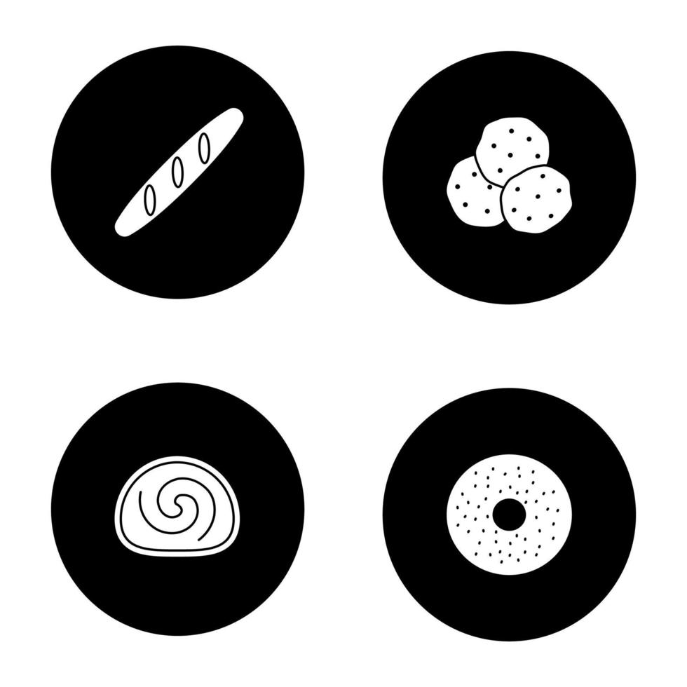 Bakery glyph icons set. Baguette, chocolate chips, swiss roll, bagel. Vector white silhouettes illustrations in black circles