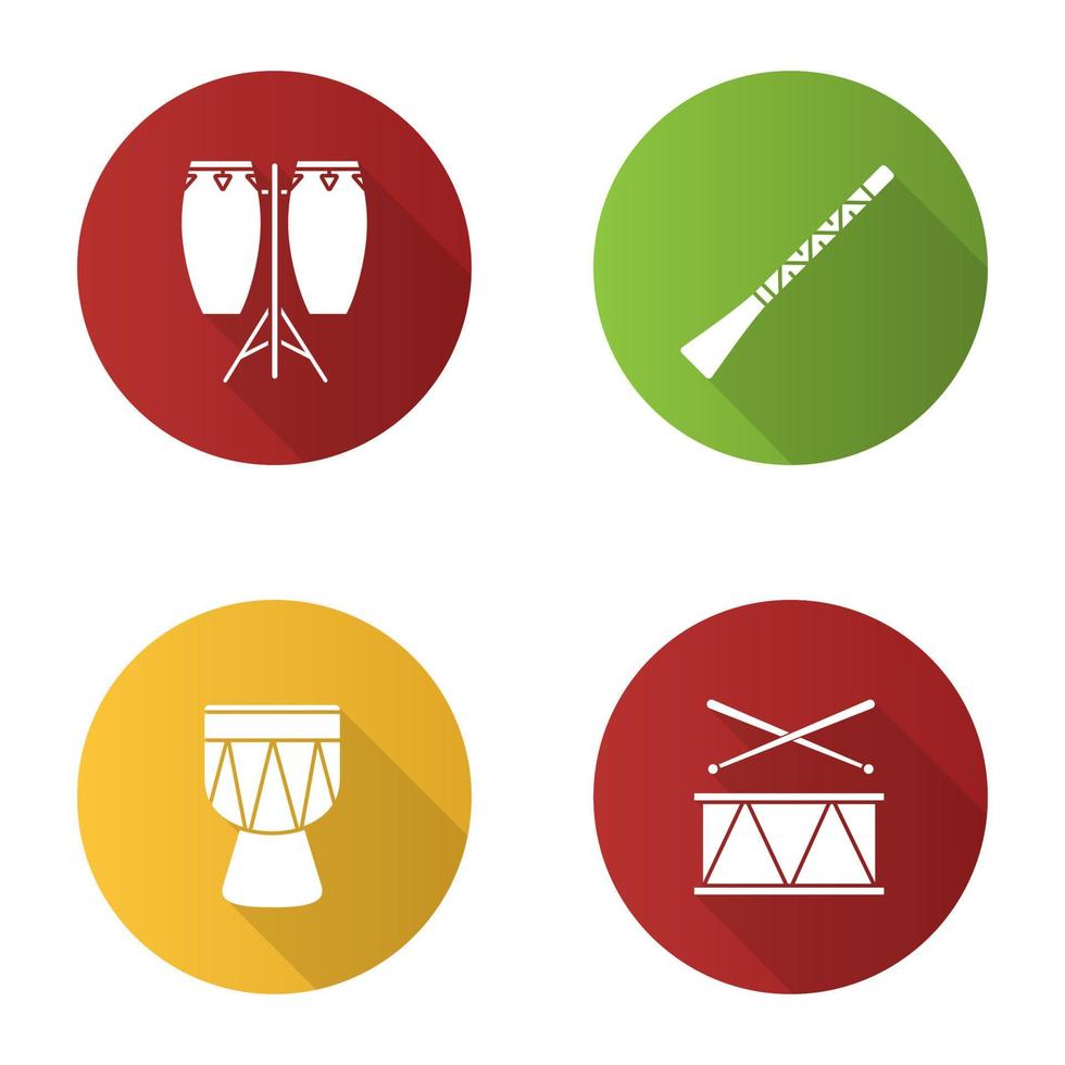 conjunto de iconos de glifo de sombra larga de diseño plano de instrumentos musicales. conga, didgeridoo, kendang, tambor. ilustración de silueta vectorial vector