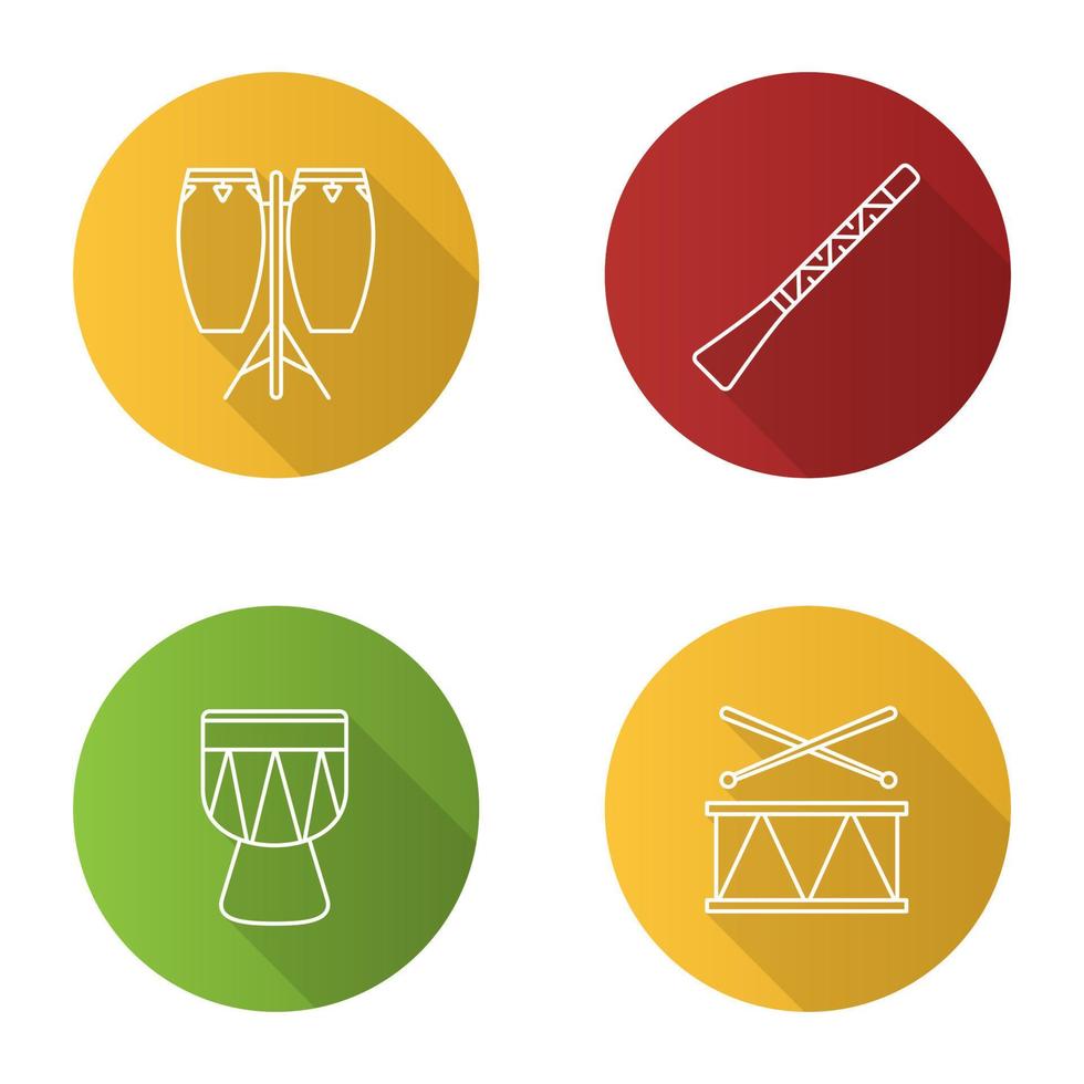 Musical instruments flat linear long shadow icons set. Conga, didgeridoo, kendang, drum. Vector outline illustration