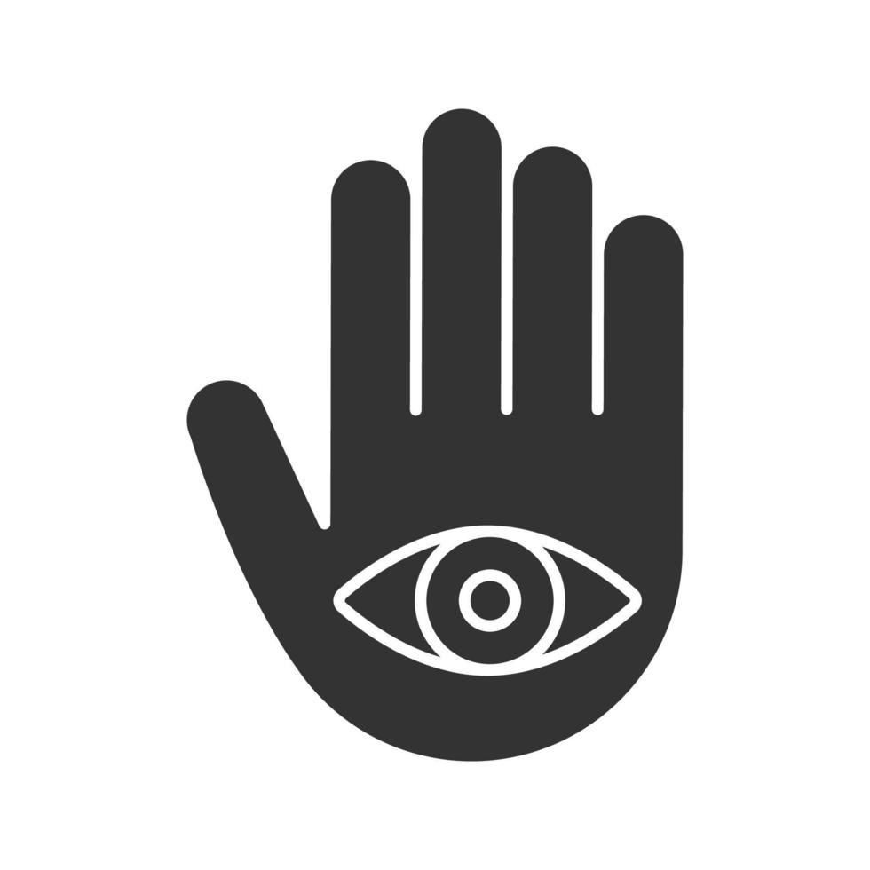 Eye in hand glyph icon. Hand of Fatima. Silhouette symbol. Negative space. Vector isolated illustration