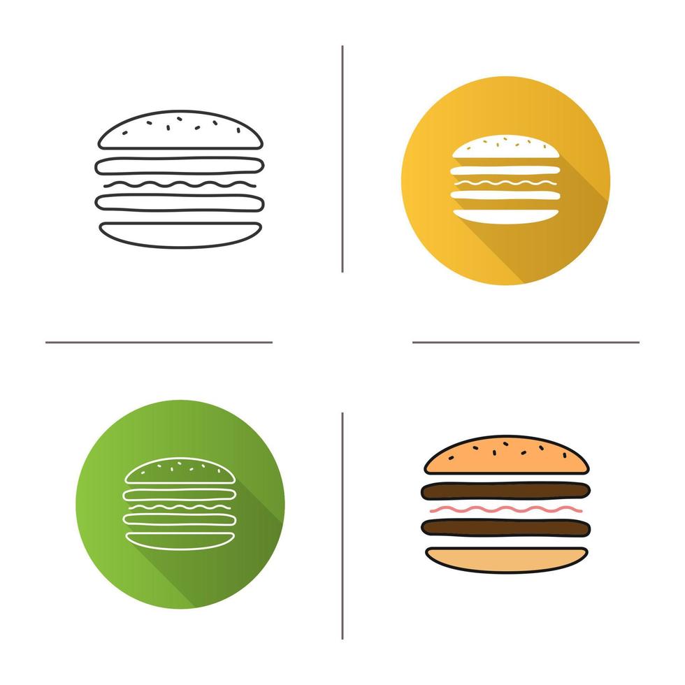 Burger cutaway icon. Flat design, linear and color styles. Sandwich. Hamburger assembly. Isolated vector illustrations