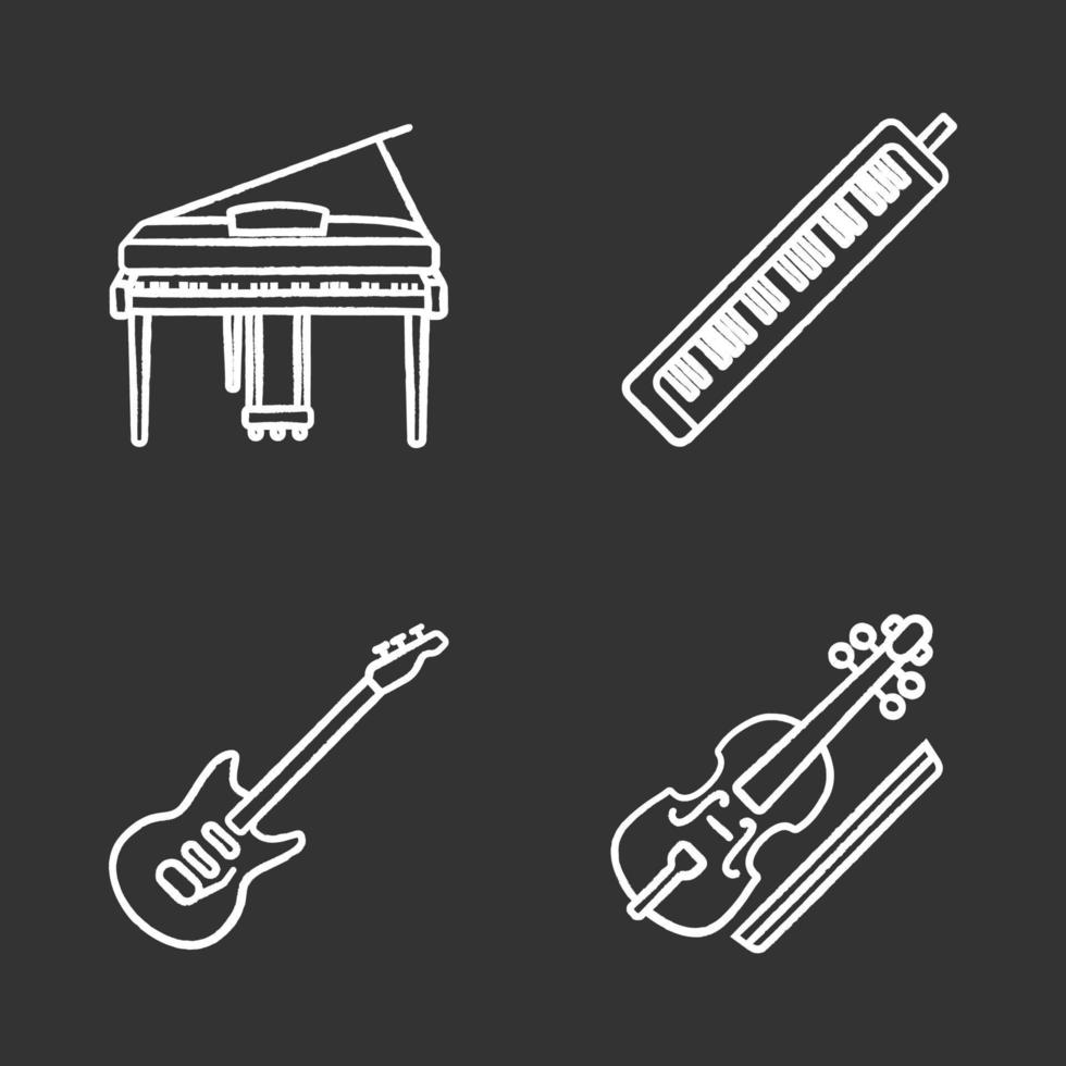 Musical instruments chalk icons set. Piano, melodica, electric guitar, viola. Isolated vector chalkboard illustrations