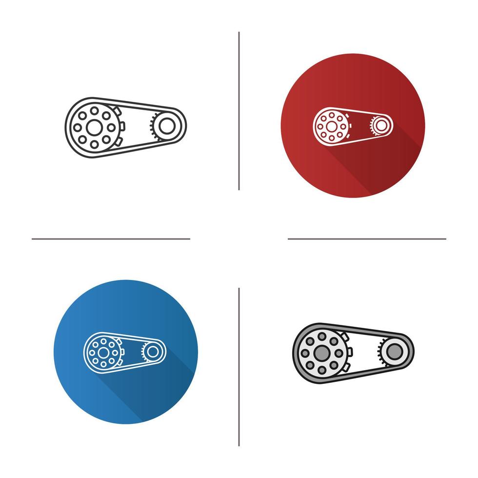 Sprocket wheel with chain icon. Flat design, linear and color styles. Drive belt on pulley. Isolated vector illustrations