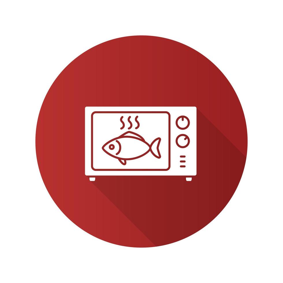 Fish in microwave oven flat design long shadow glyph icon. Reheating meal. Vector silhouette illustration