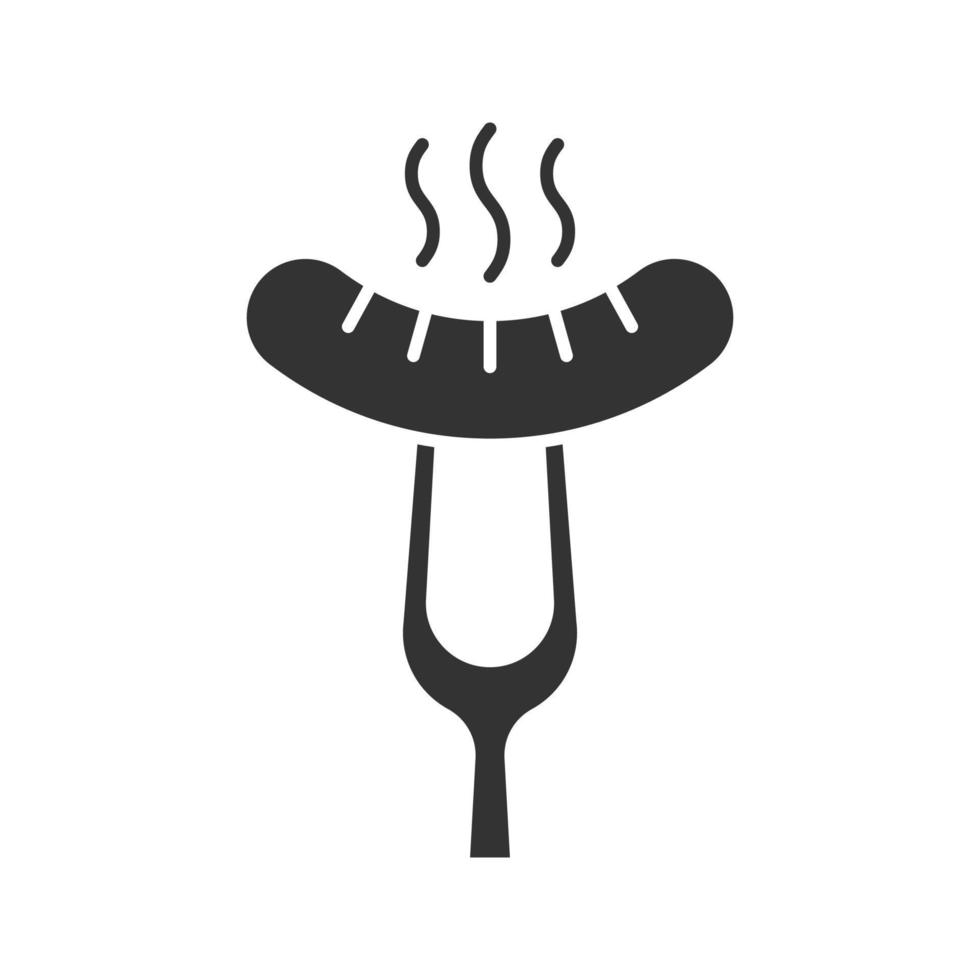 Grilled sausage on fork glyph icon. Silhouette symbol. Bratwurst. Negative space. Vector isolated illustration