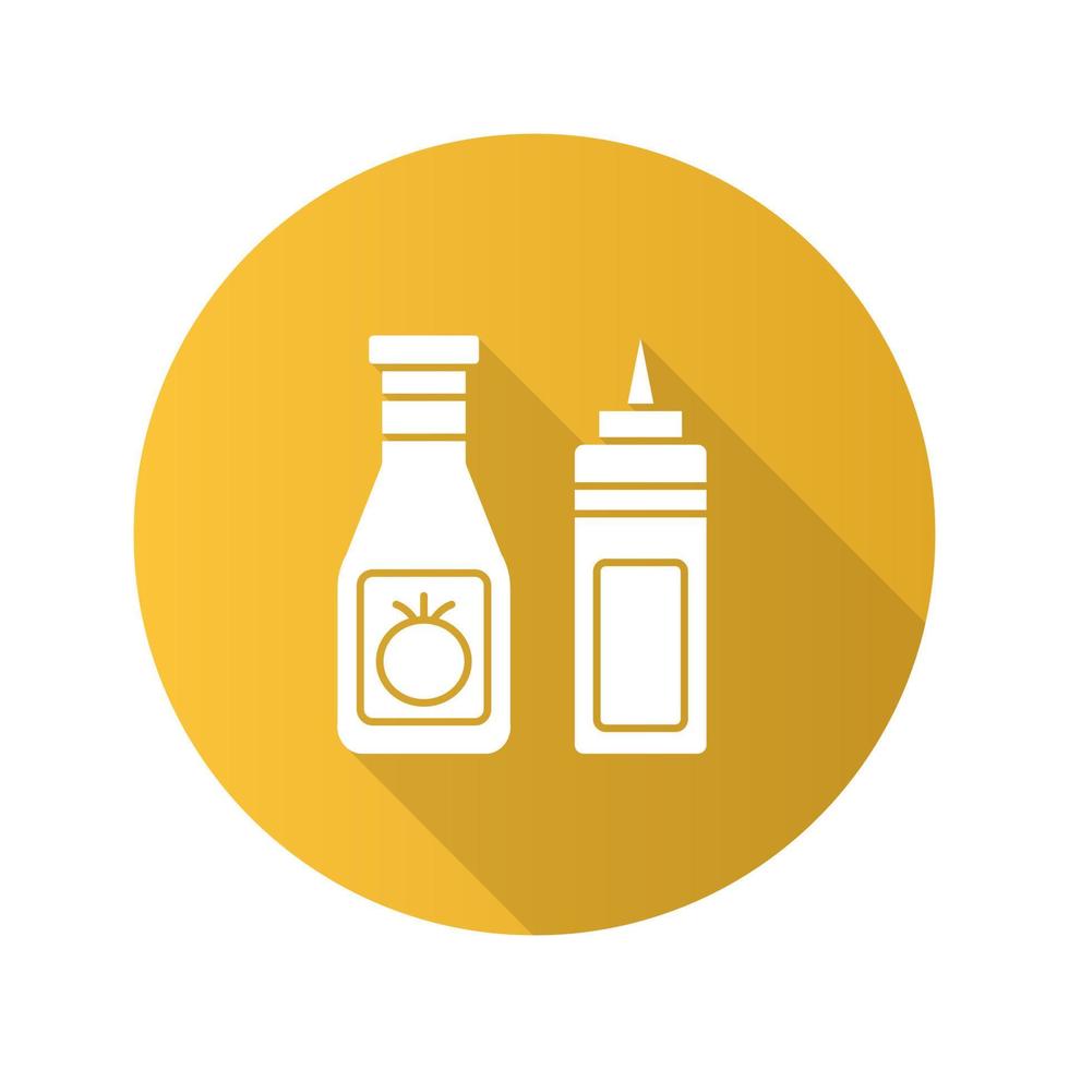 Ketchup and mustard flat design long shadow glyph icon. Condiment bottles. Vector silhouette illustration