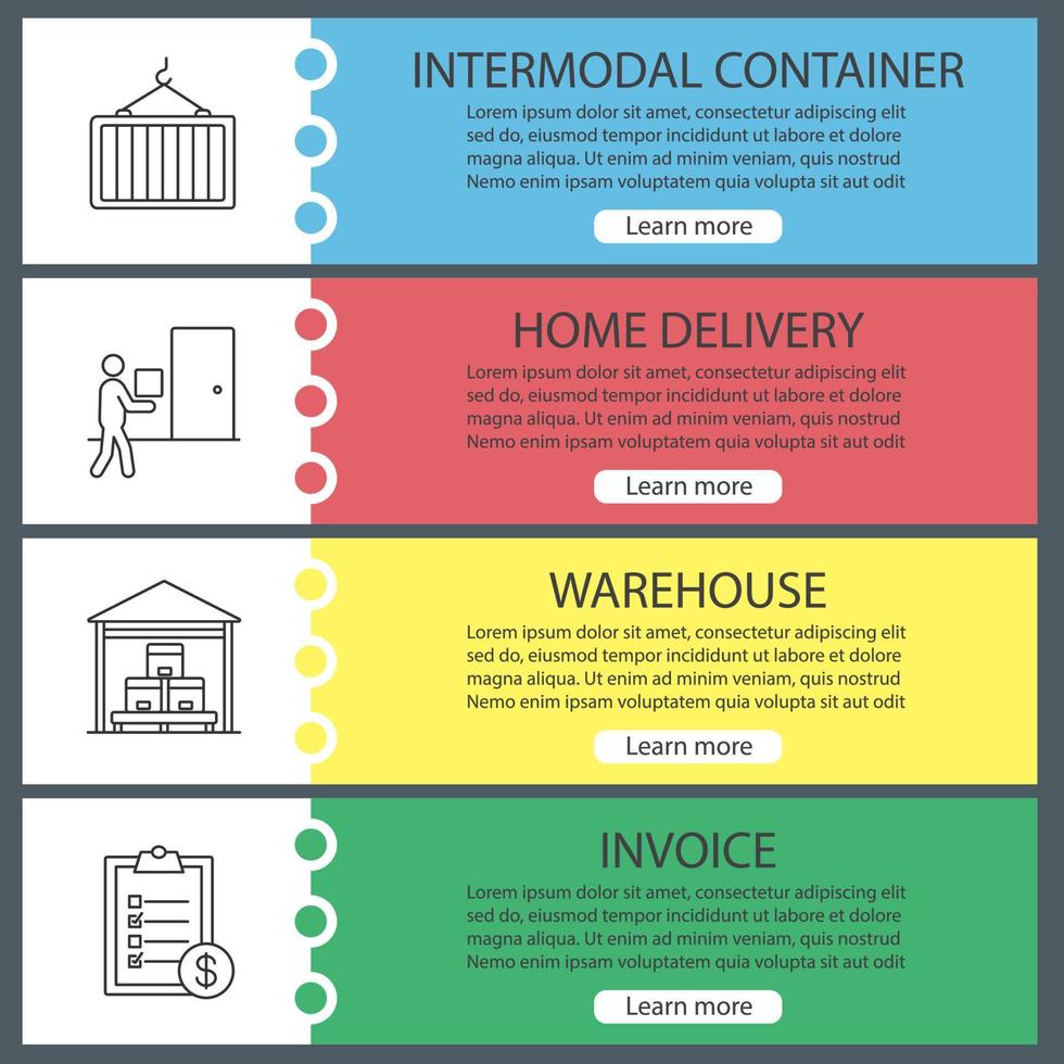 conjunto de plantillas de banner web de envío de carga. contenedor intermodal, entrega a domicilio, almacén, factura. elementos del menú de color del sitio web con iconos lineales. conceptos de diseño de encabezados vectoriales vector