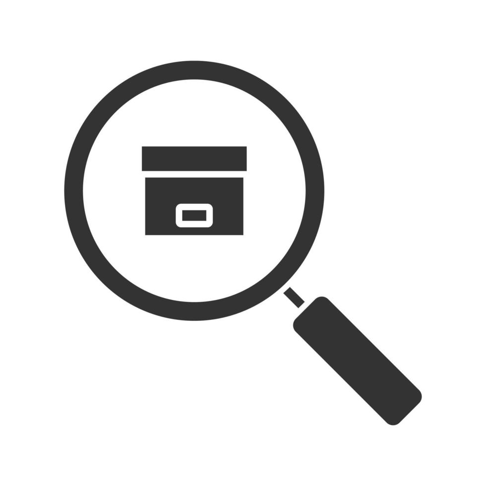 Parcel tracking service glyph icon. Silhouette symbol. Magnifying glass with cardboard package. Negative space. Vector isolated illustration